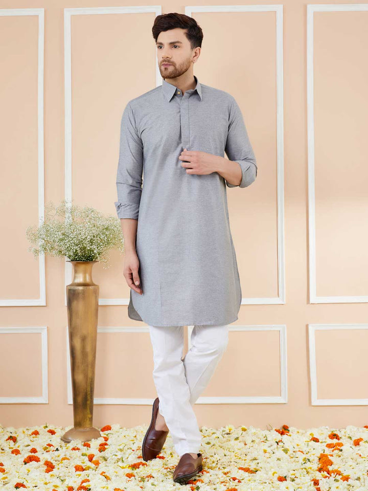 Grey Cotton Solid Pathani Kurta