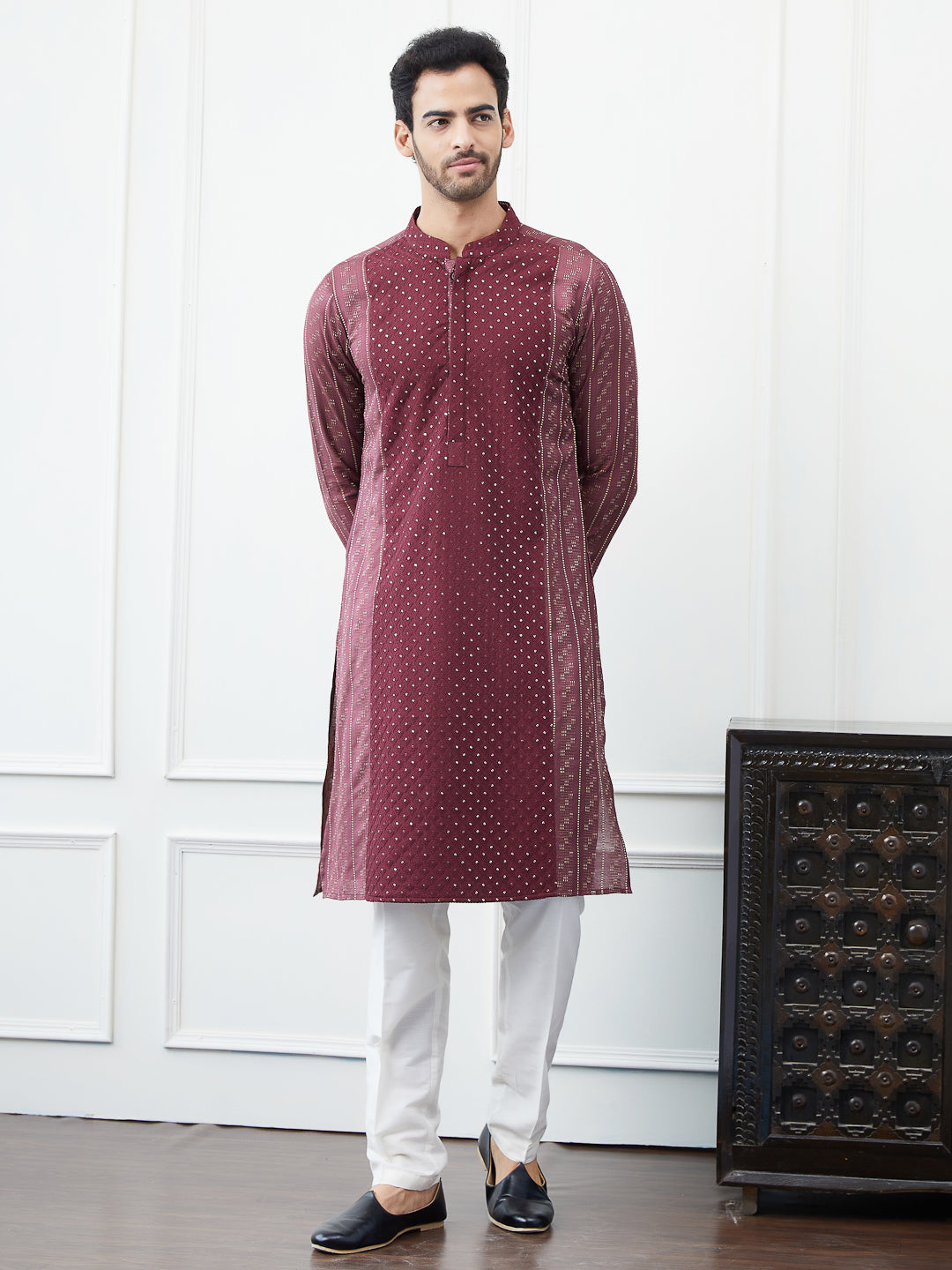 Embroidered Sequin and Thread Worked Straight Kurta with Pyjama