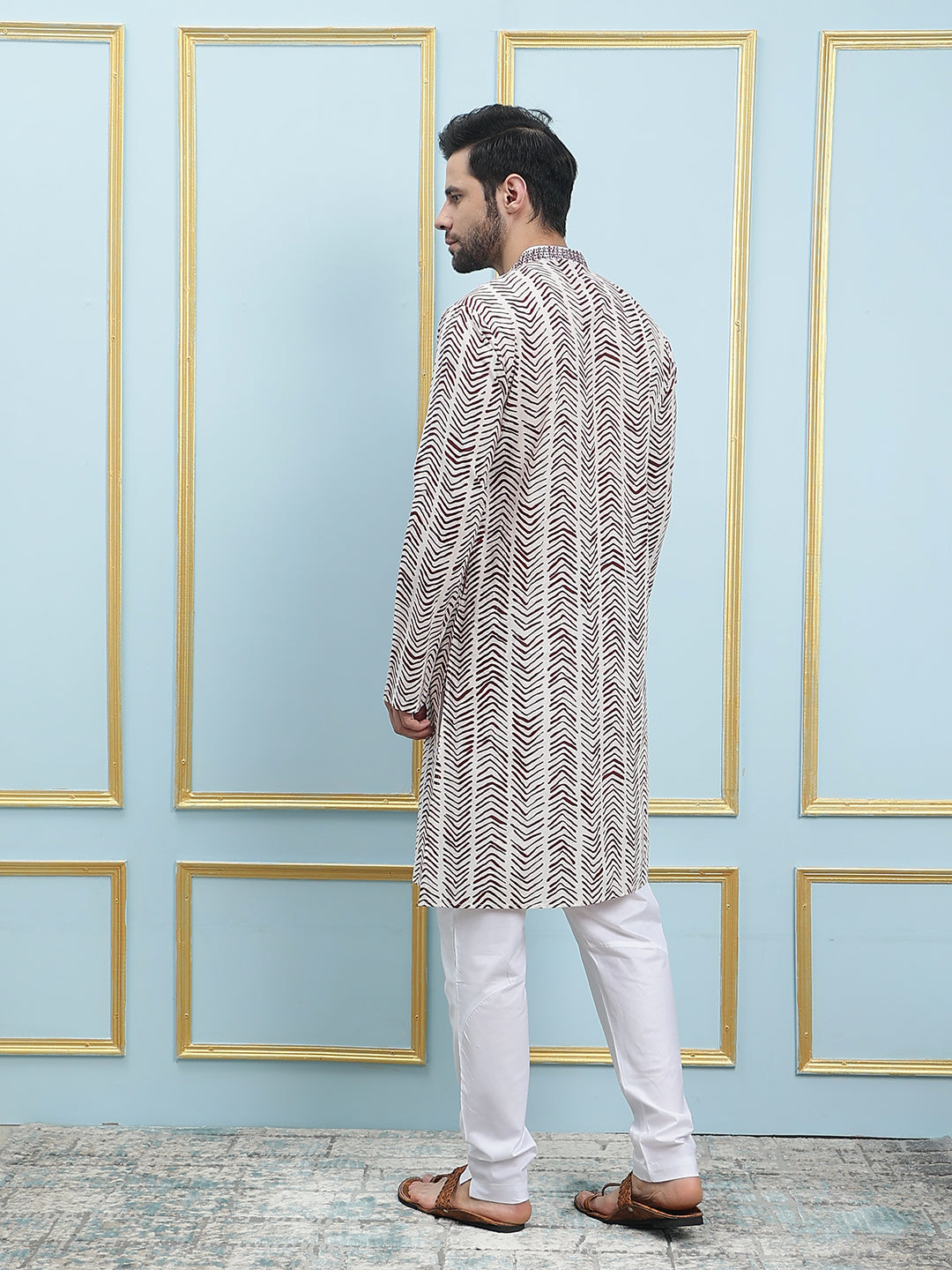 Printed Straight Cotton Silk Kurta with Embroidered Neck Design and Pyjama