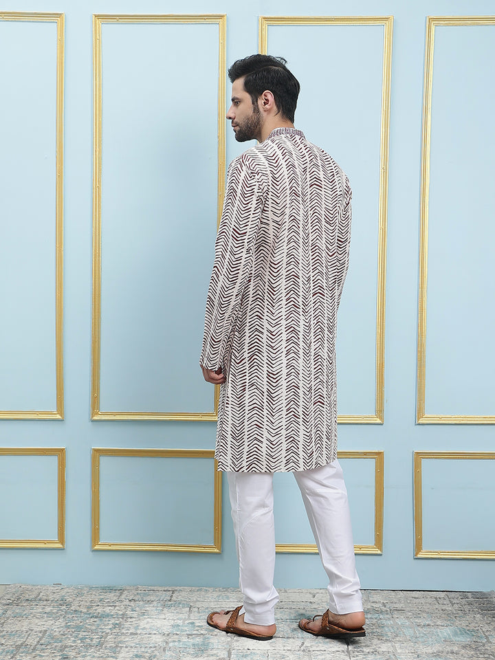 Printed Straight Cotton Silk Kurta with Embroidered Neck Design and Pyjama