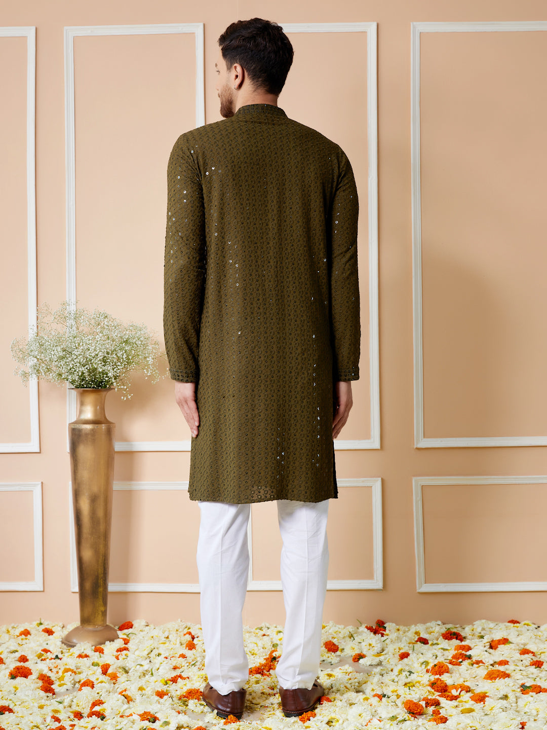 Olive Sequins Embroidered Rayon Kurta