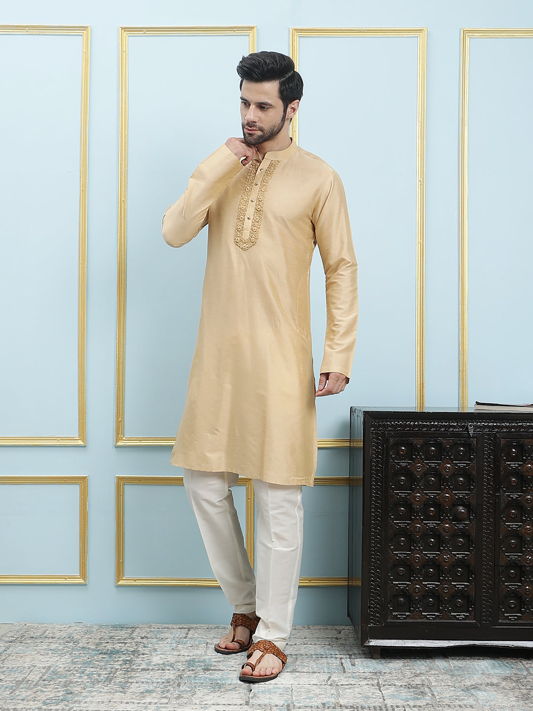 Solid Pure Cotton Straight Kurta with Embroidered Neck Design and Pyjama