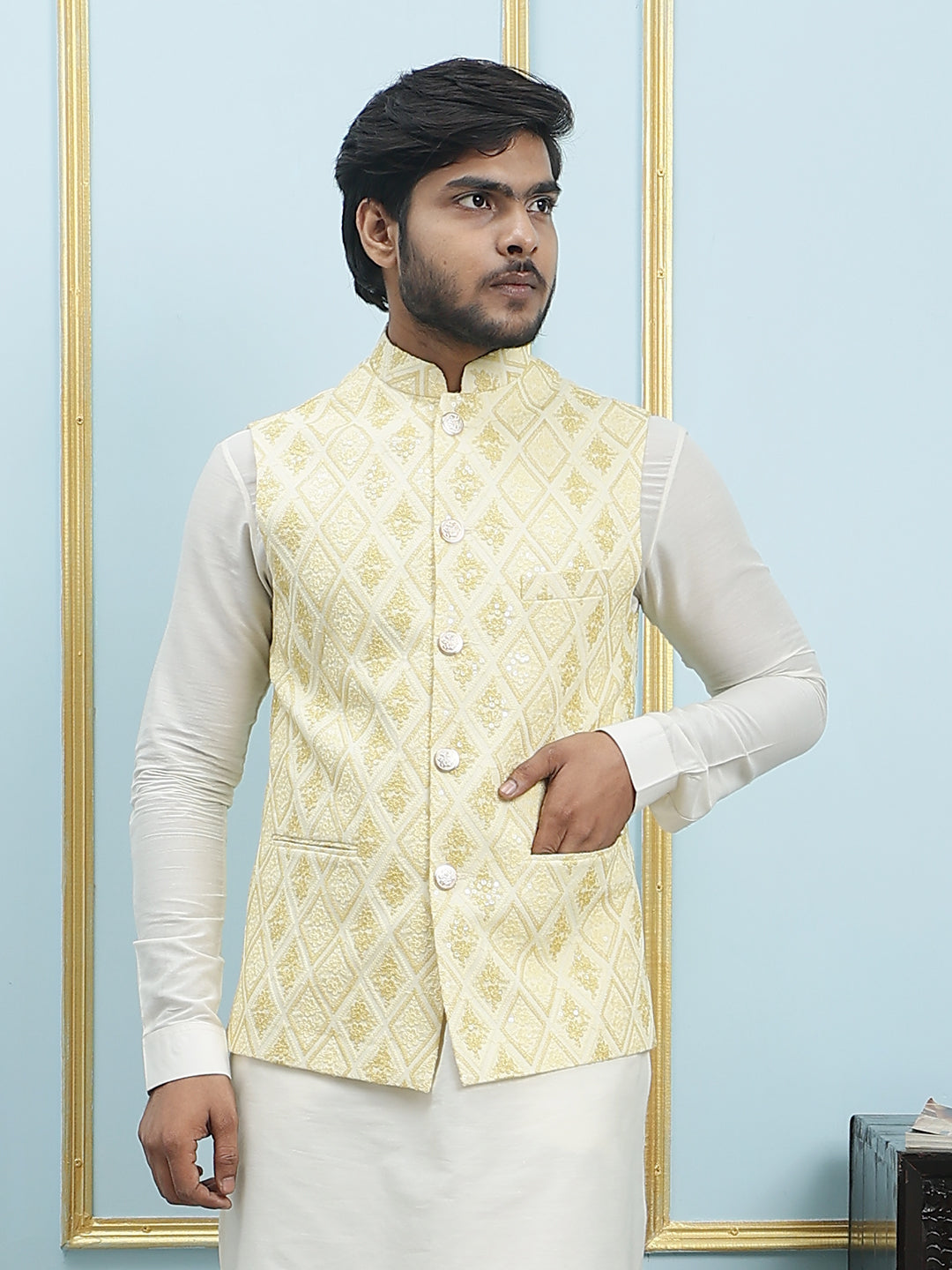 Pure Silk Kurta & Pyjama with Sequins Embroidered Nehru Jacket