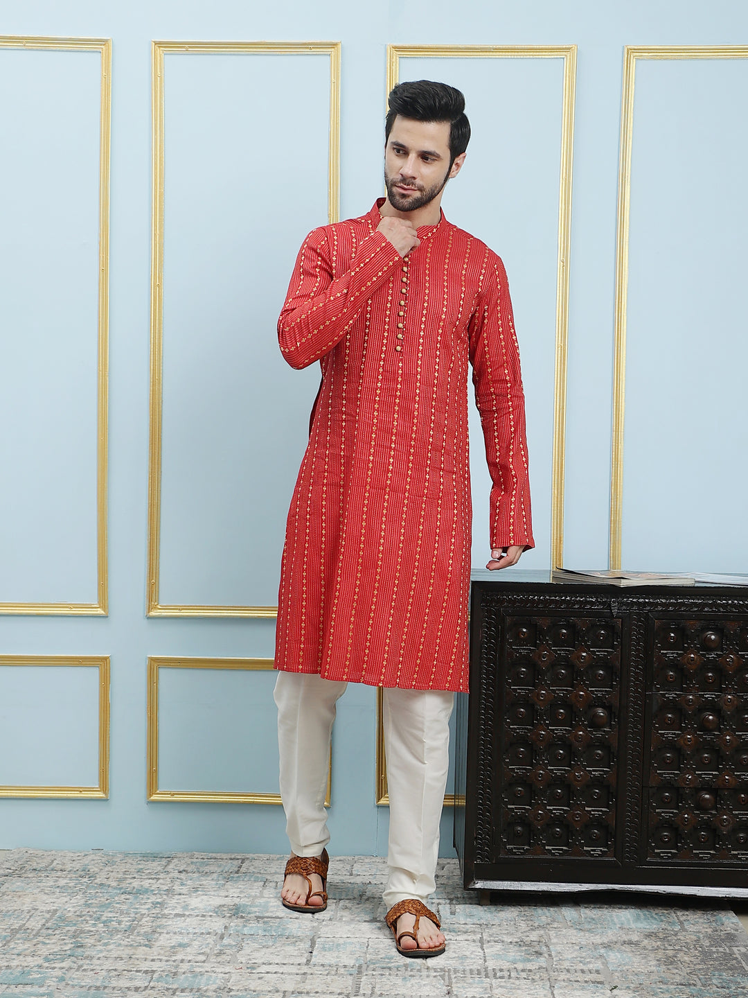 Thread Worked Cotton Silk Straight Kurta with Pyjama