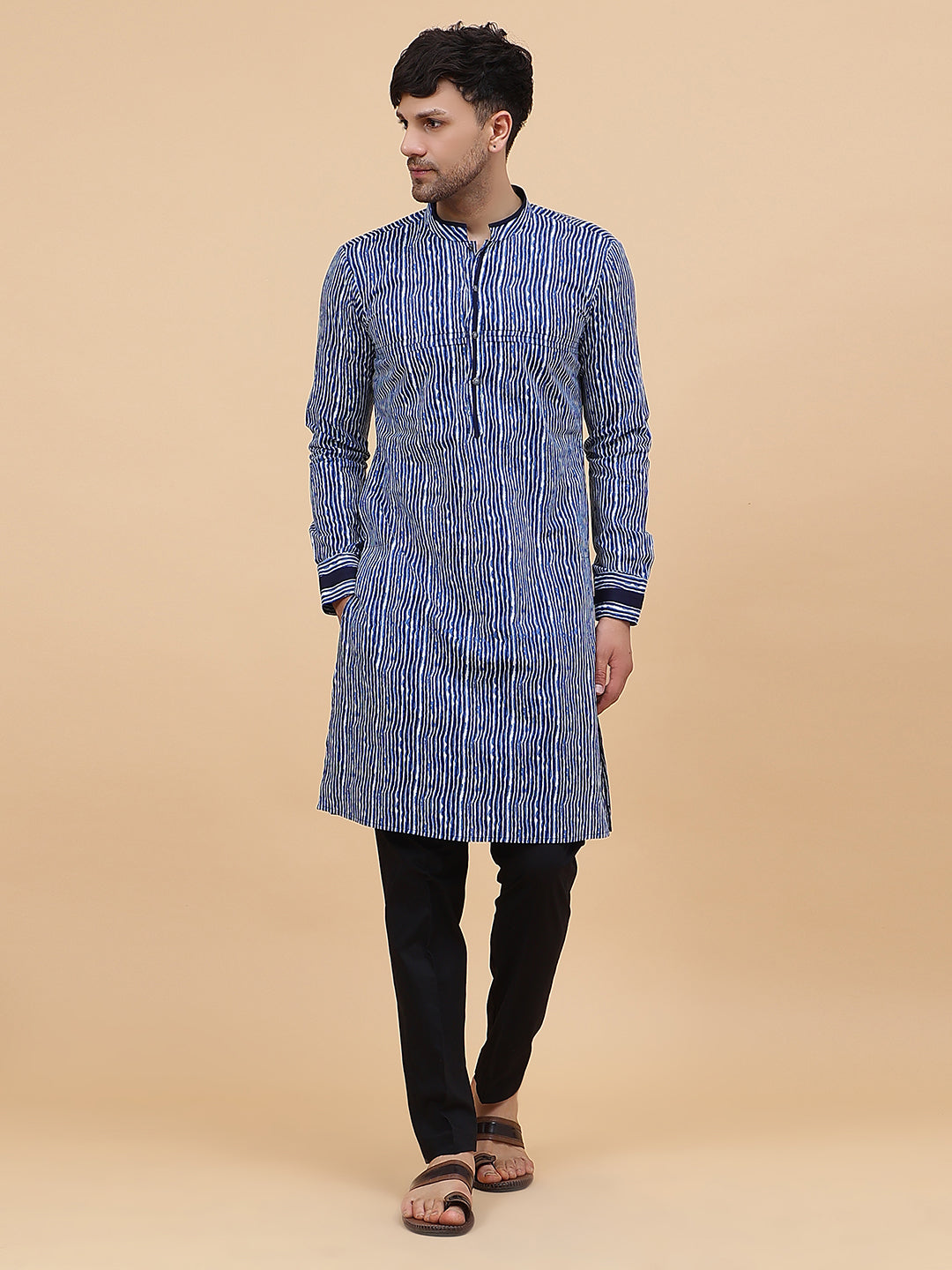 Blue Striped Printed Kurta With Pyjama