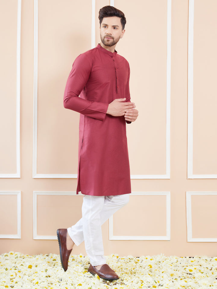 Maroon Cotton Solid Straight Kurta with Pyjama