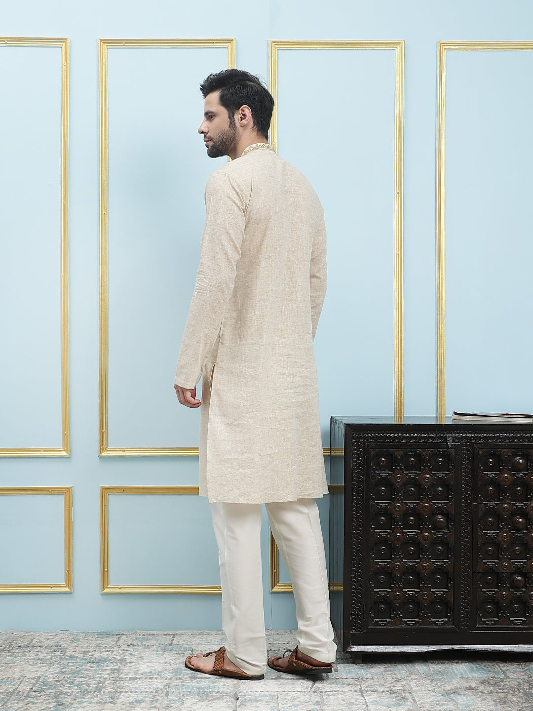 Solid Pure Cotton Straight Kurta with Embroidered Neck Design and Pyjama