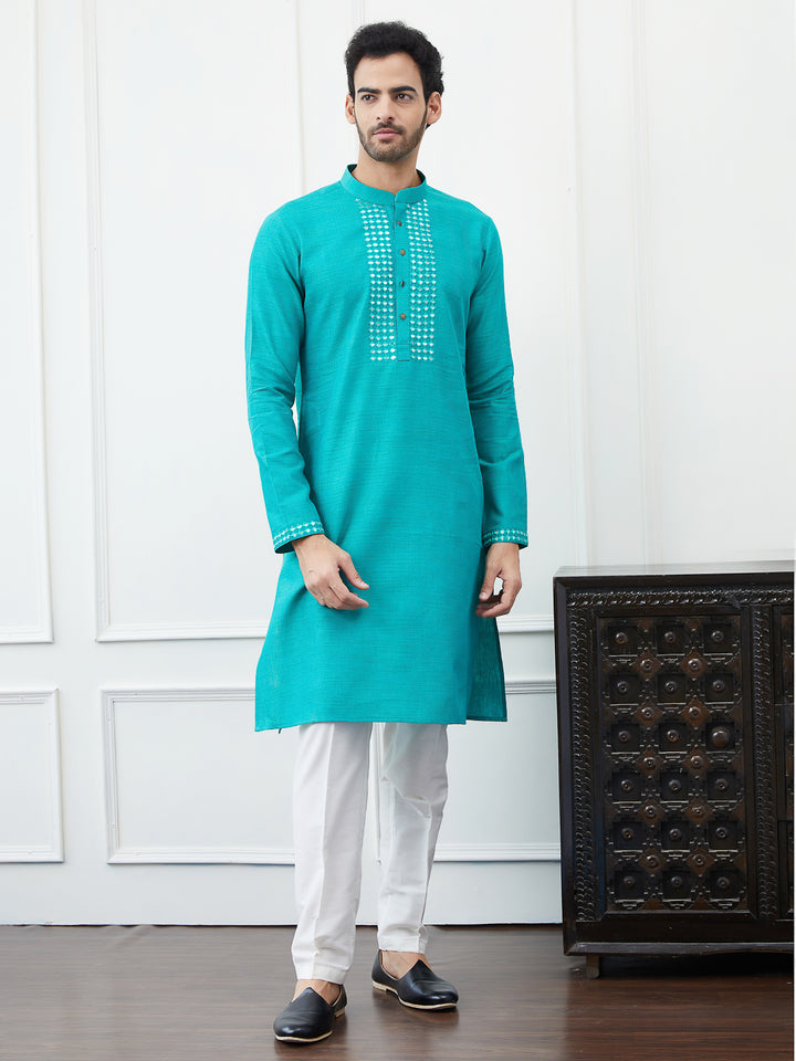 Embroidered Sequin Mirror Worked Pure Cotton Straight Kurta with Pyjama