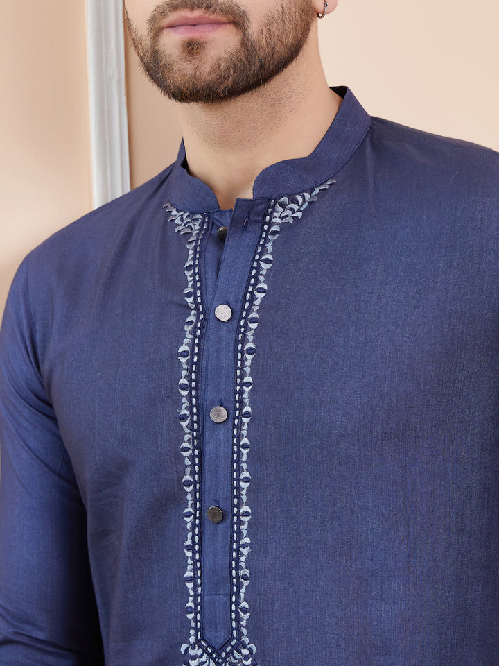 Blue Cotton Solid Straight Kurta with Embroidered Neckline