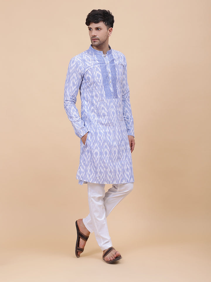 Printed Ikat Pure Cotton Straight Kurta with Embroidered Neck Design and Pyjama