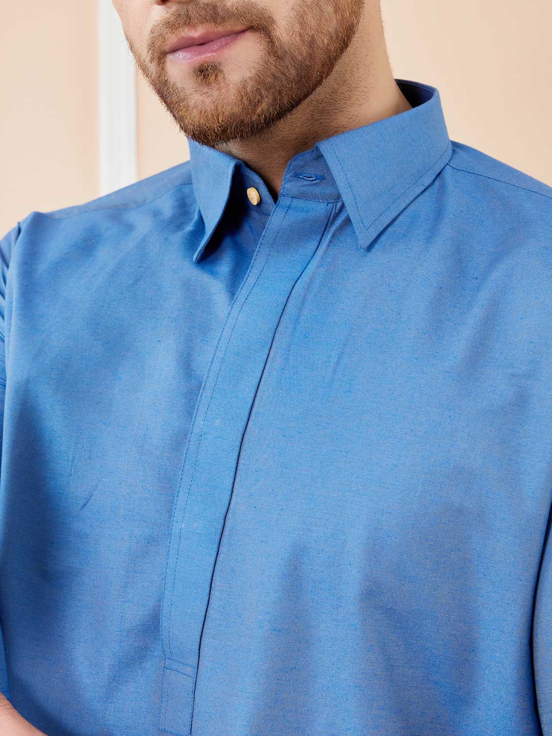 Blue Cotton Solid Pathani Kurta