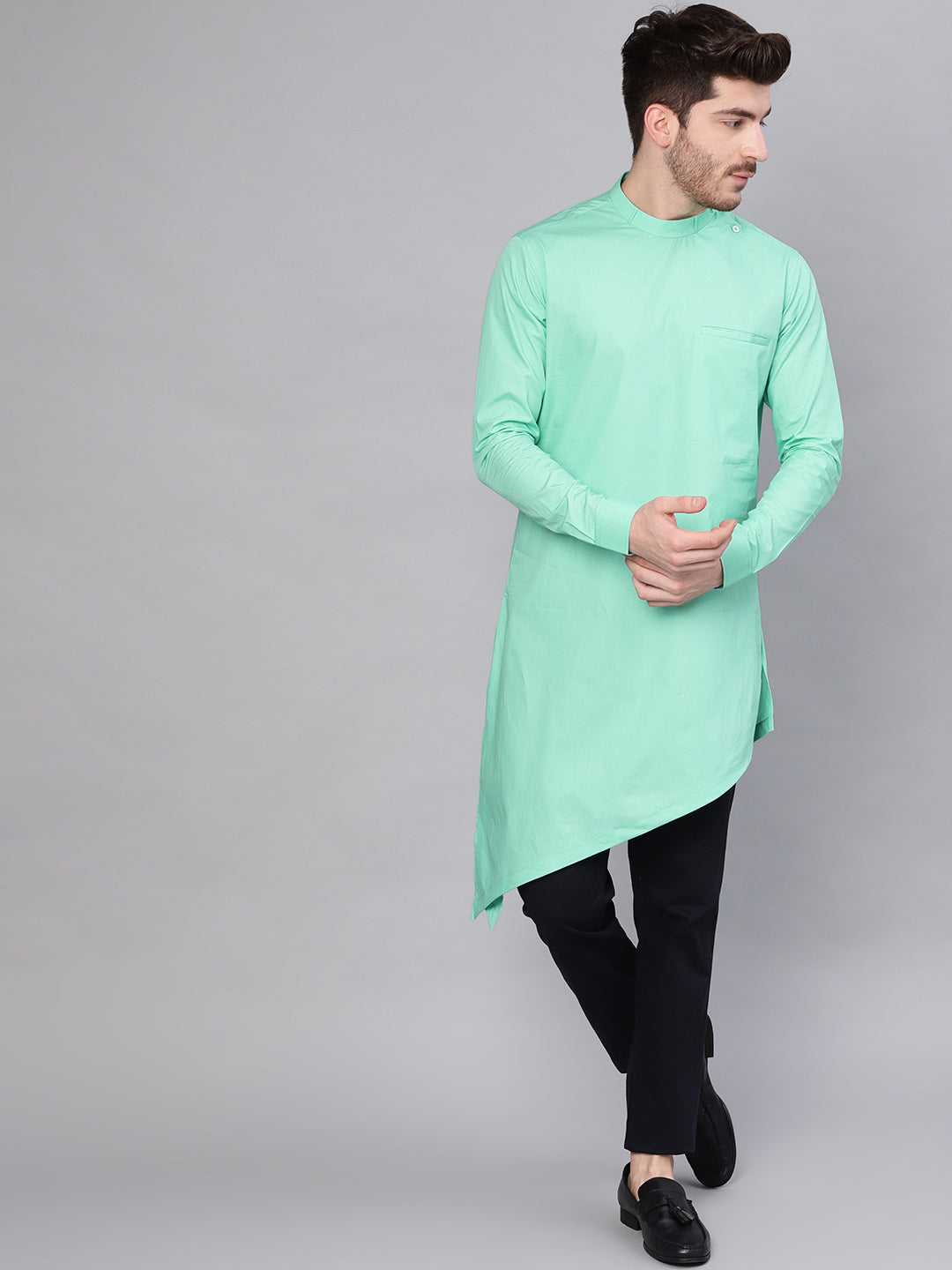 Green Asymmetric Pure Cotton Kurta