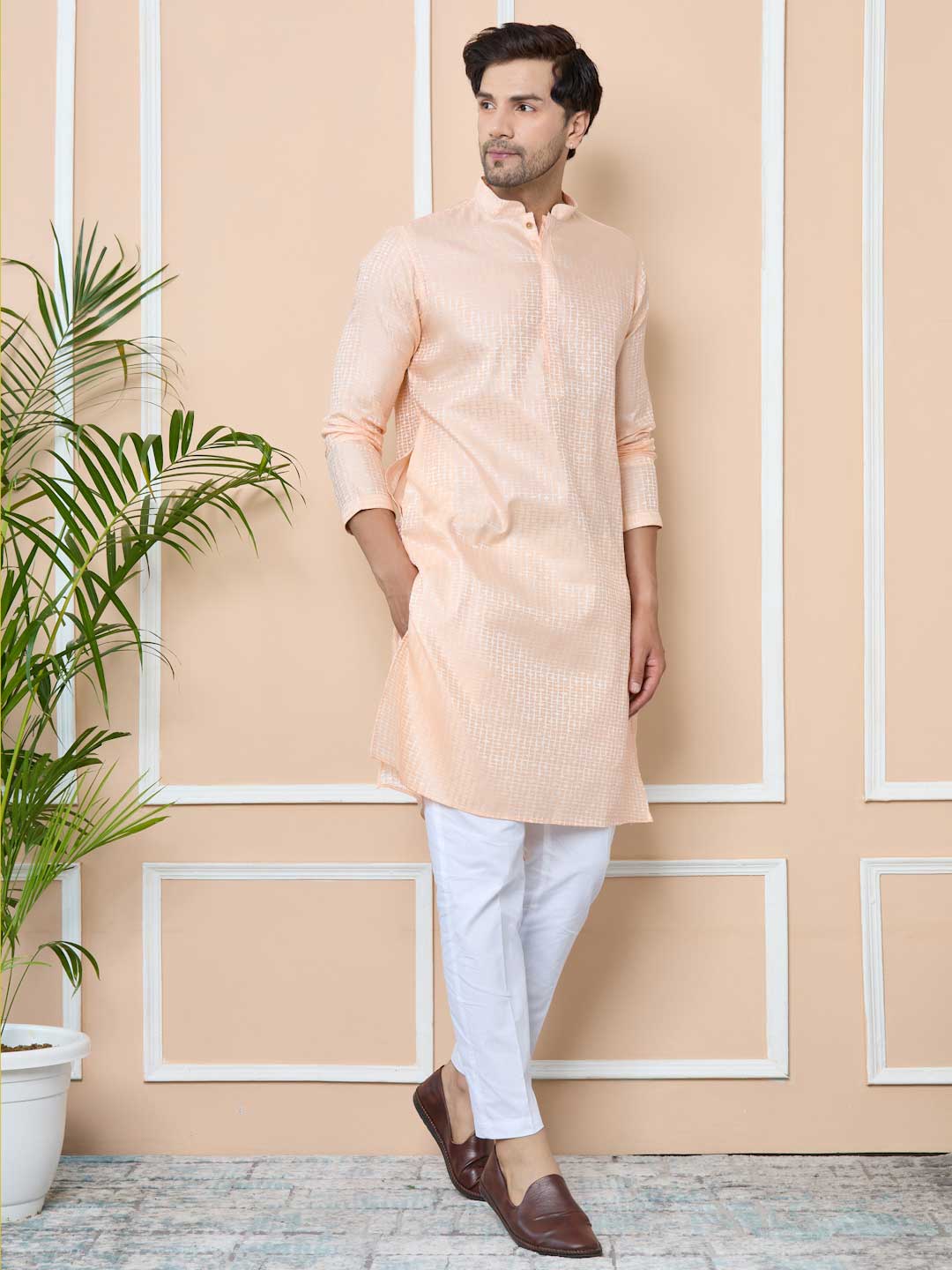 Peach Silk jacquard Straight kurta