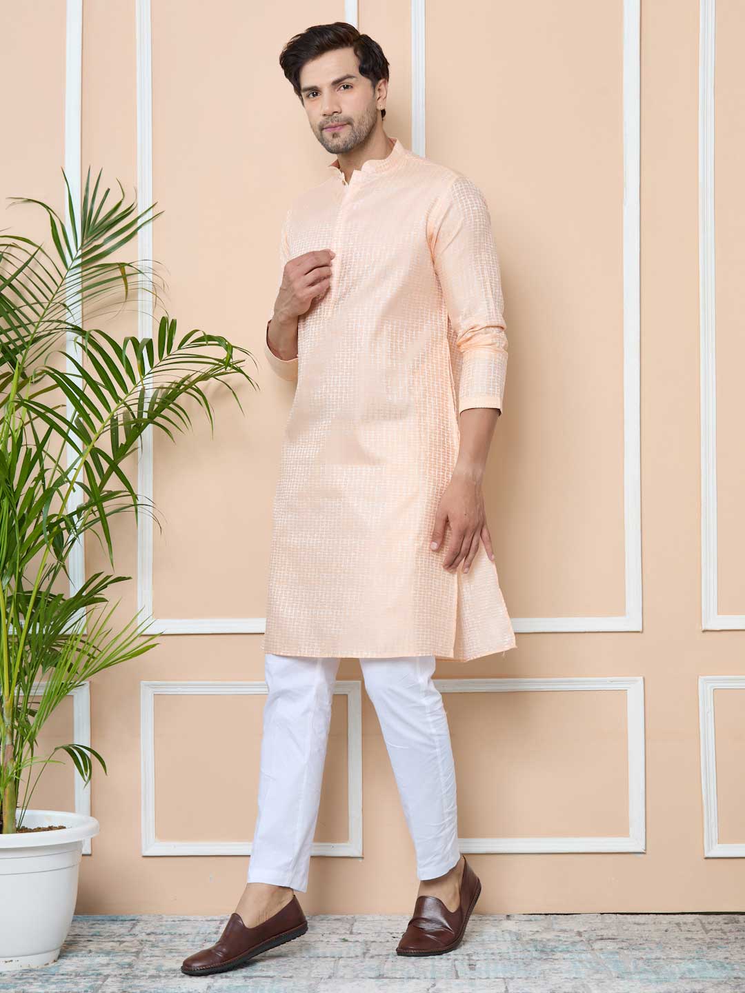 Peach Silk jacquard Straight kurta