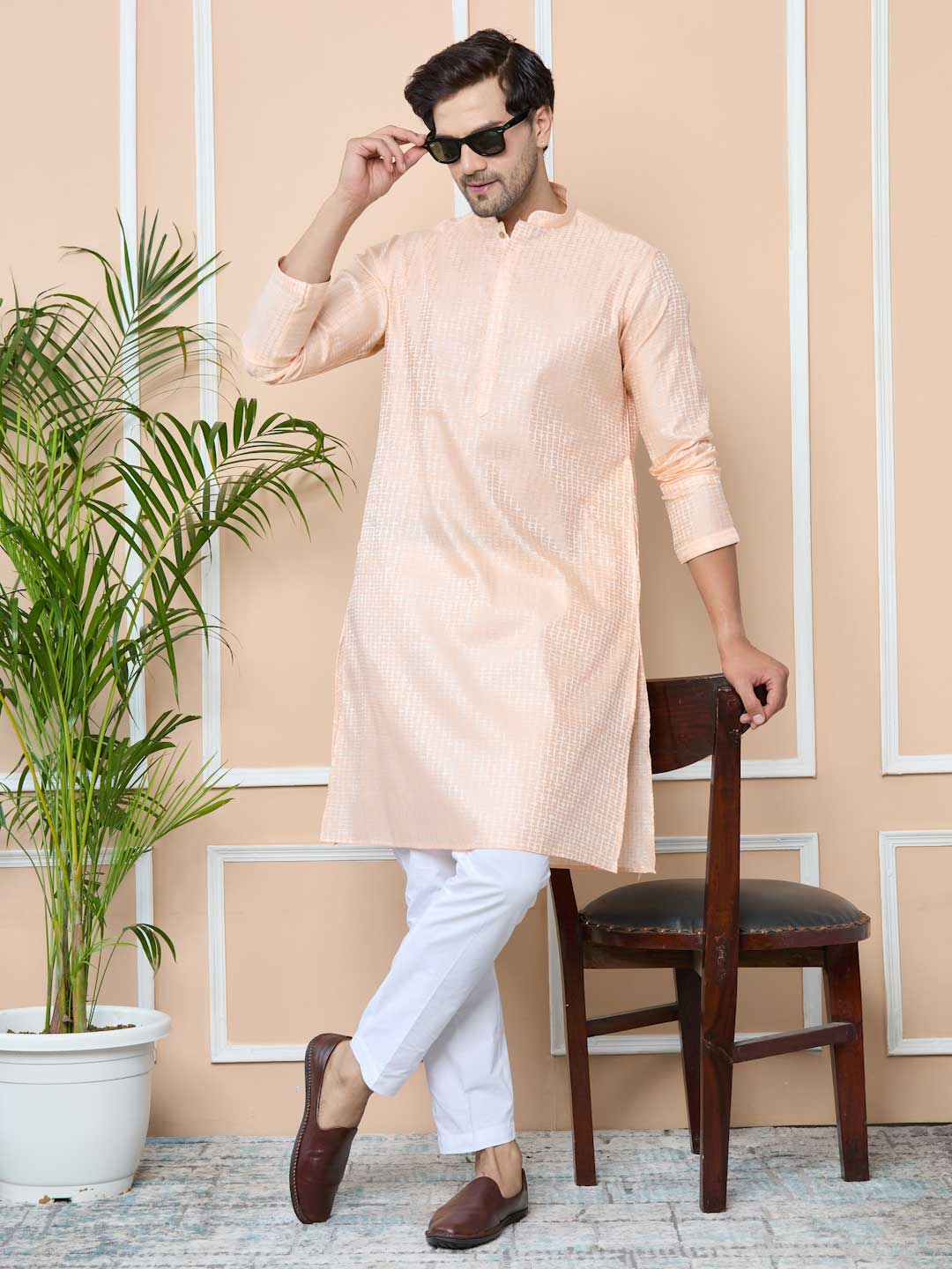 Peach Silk jacquard Straight kurta