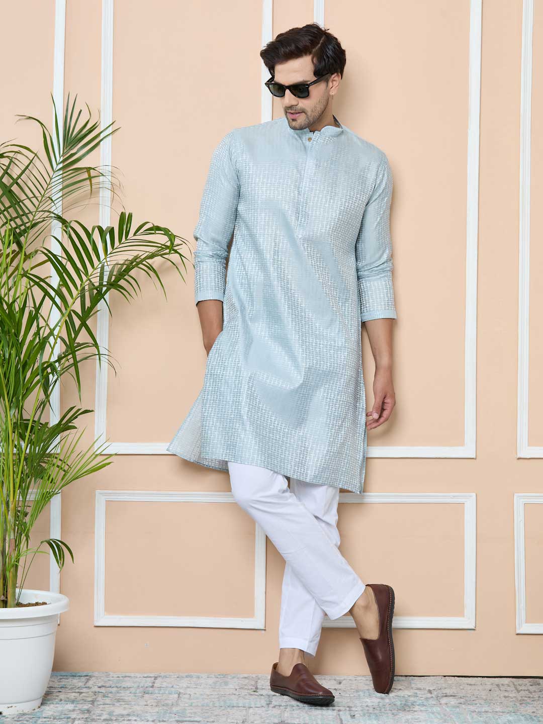 Aqua Blue Silk jacquard Straight Kurta with Pyjama