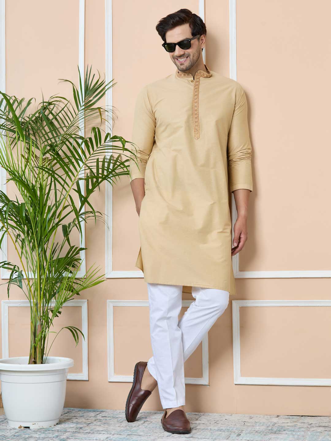 Beige Delux Cotton Straight Kurta with Embordered Neck and Pyjama