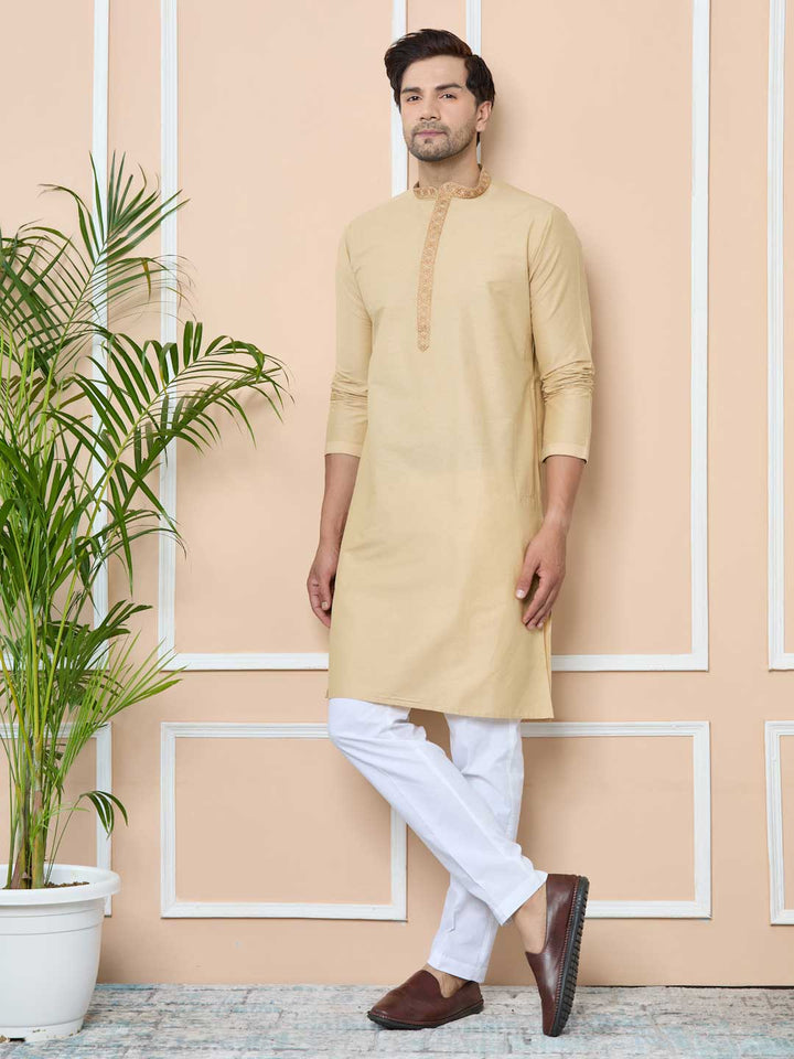 Beige Delux Cotton Straight Kurta with Embordered Neck