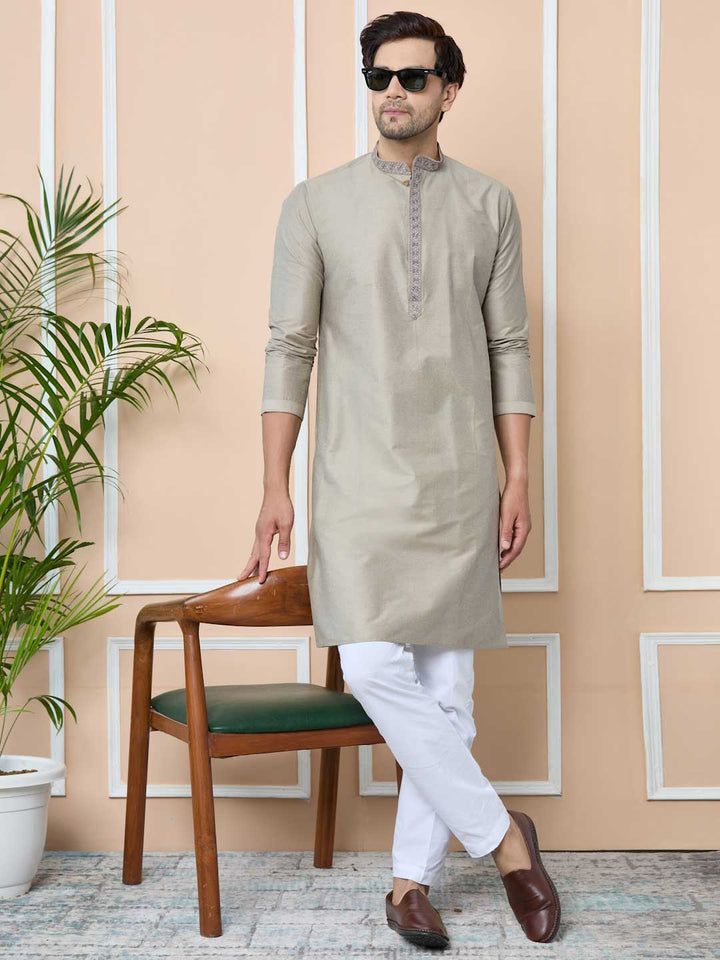 Dark Beige Delux Cotton Straight Kurta with Embordered Neck