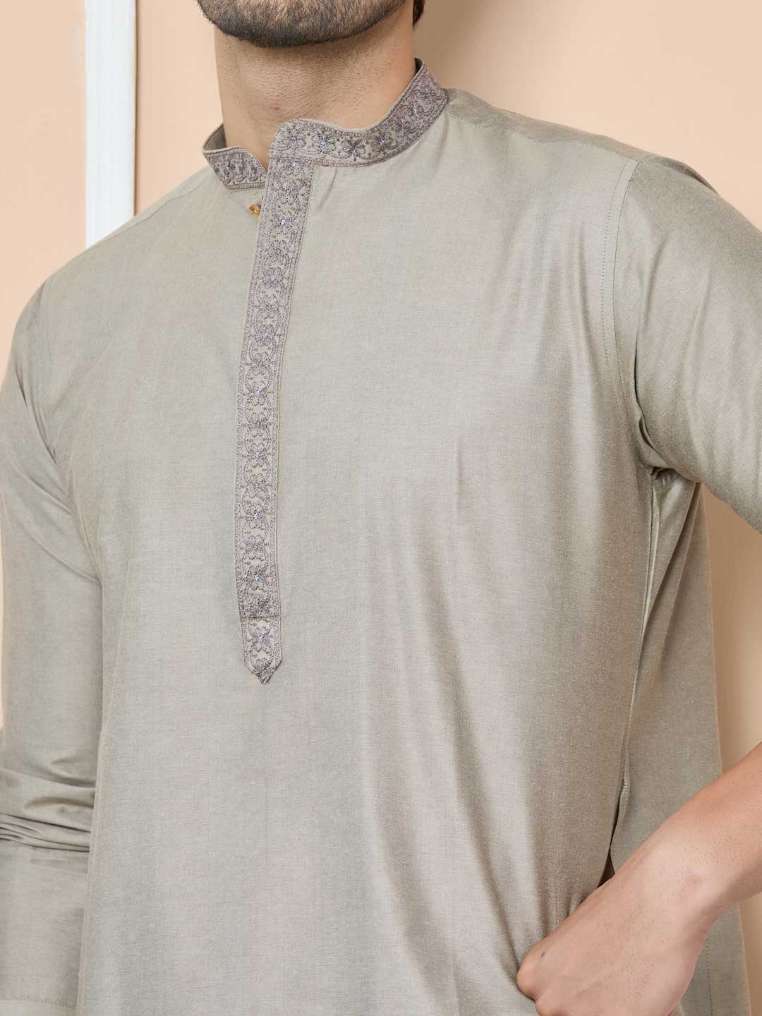 Dark Beige Delux Cotton Straight Kurta with Embordered Neck