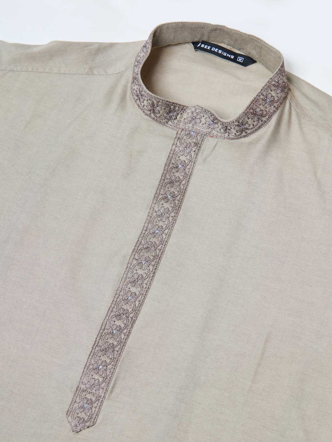 Dark Beige Delux Cotton Straight Kurta with Embordered Neck