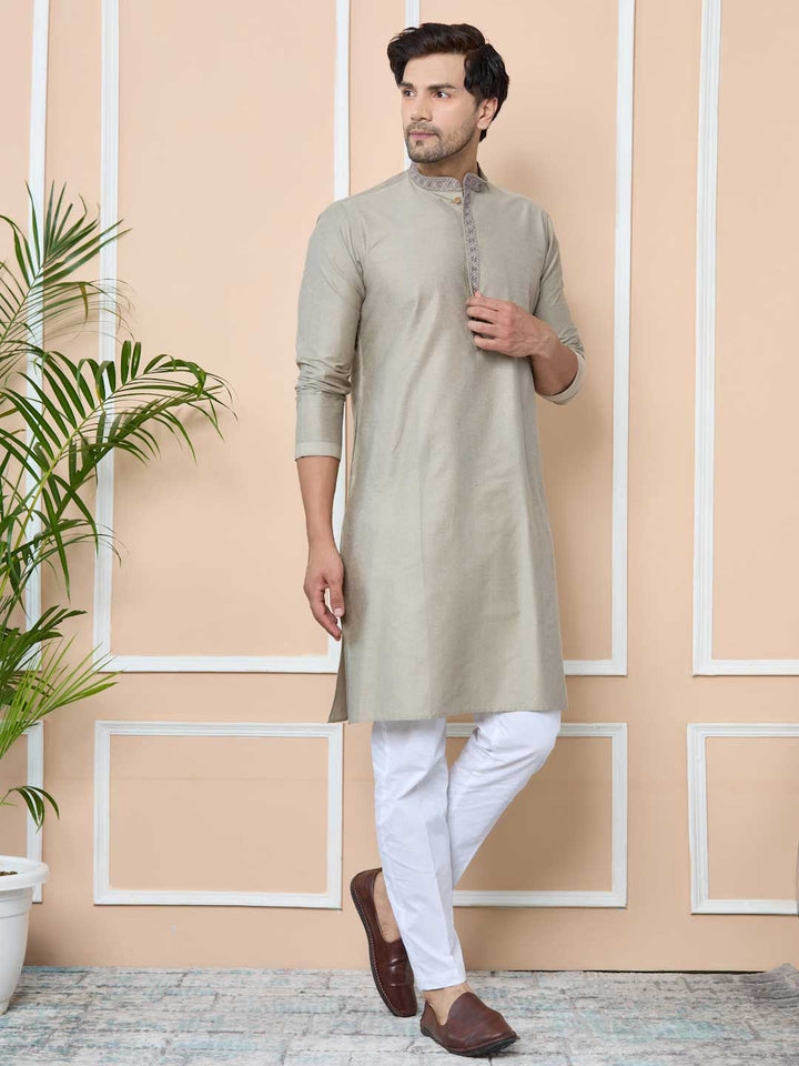 Dark Beige Delux Cotton Straight Kurta with Embordered Neck