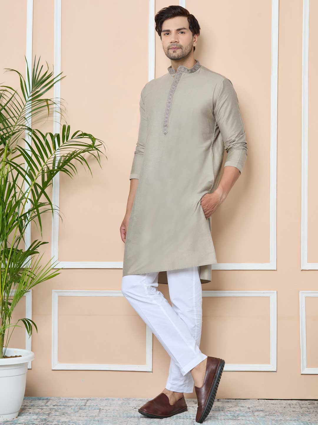 Dark Beige Delux Cotton Straight Kurta with Embordered Neck