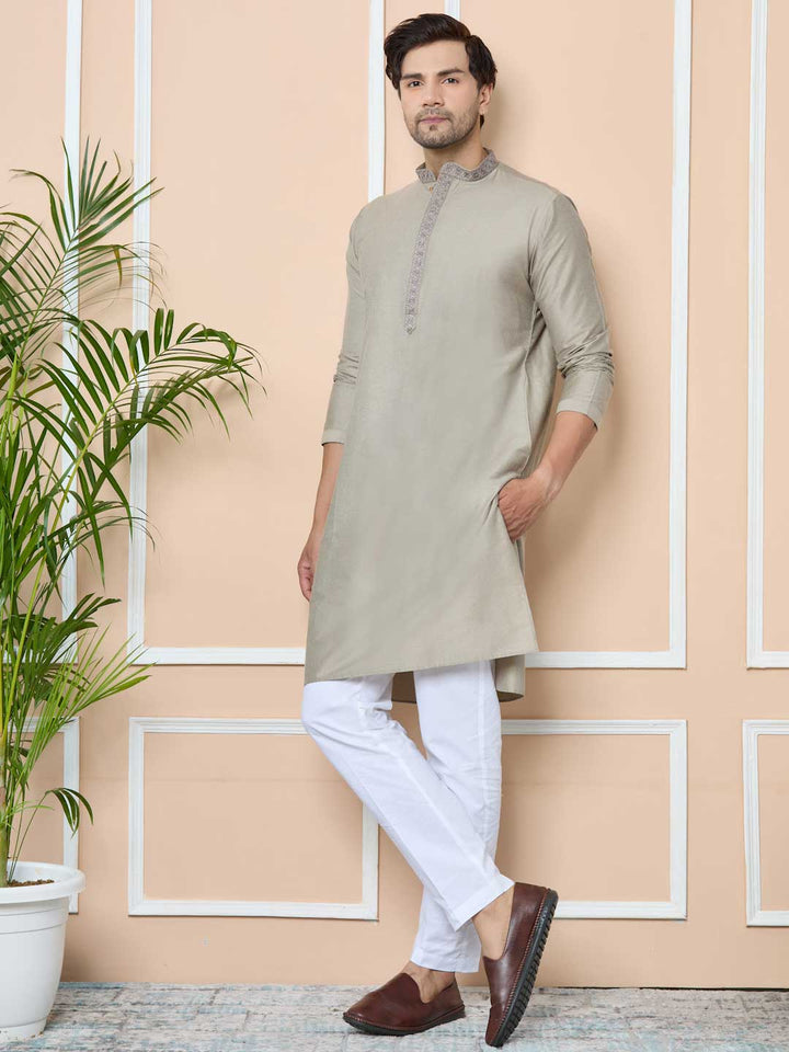 Dark Beige Delux Cotton Straight Kurta with Embordered Neck