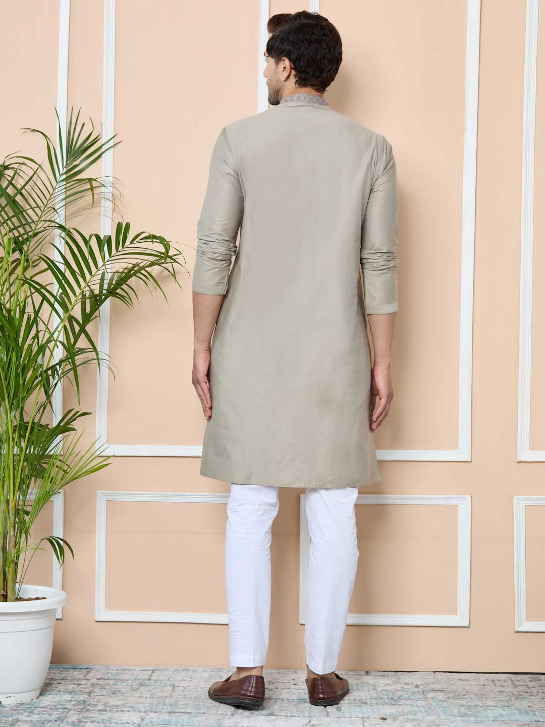 Dark Beige Delux Cotton Straight Kurta with Embordered Neck