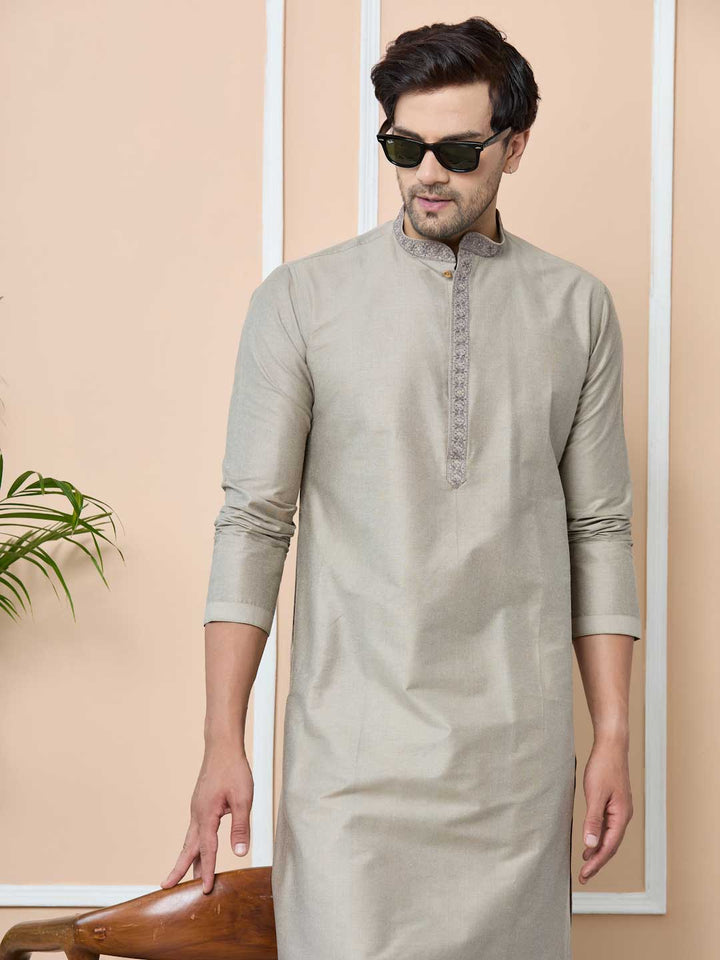 Dark Beige Delux Cotton Straight Kurta with Embordered Neck