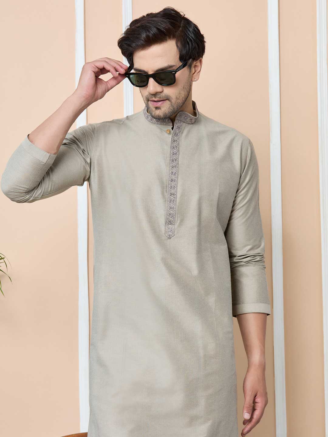 Dark Beige Delux Cotton Straight Kurta with Embordered Neck