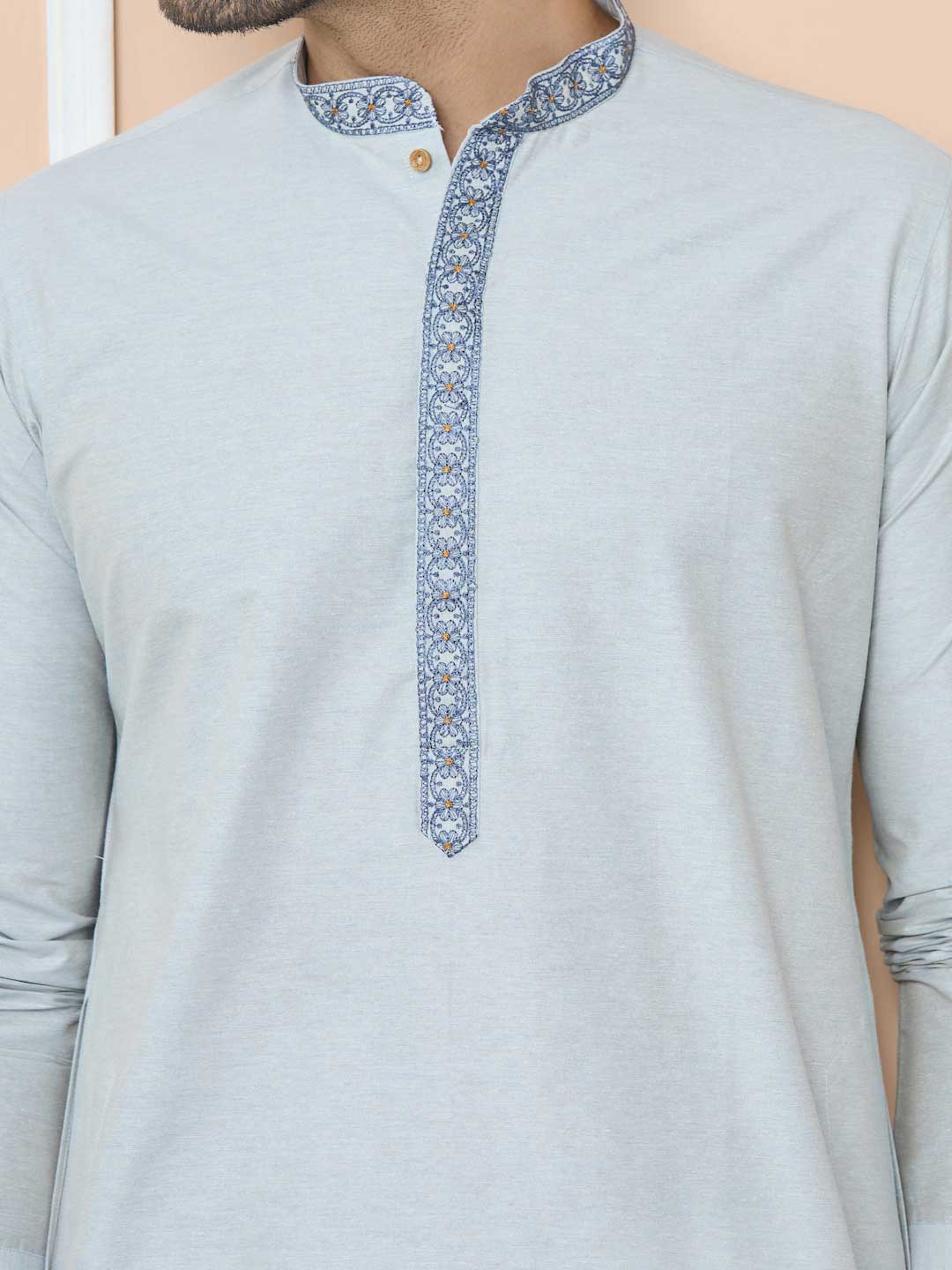 Gray Delux Cotton Straight Kurta with Embordered Neck