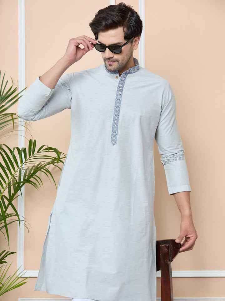 Gray Delux Cotton Straight Kurta with Embordered Neck