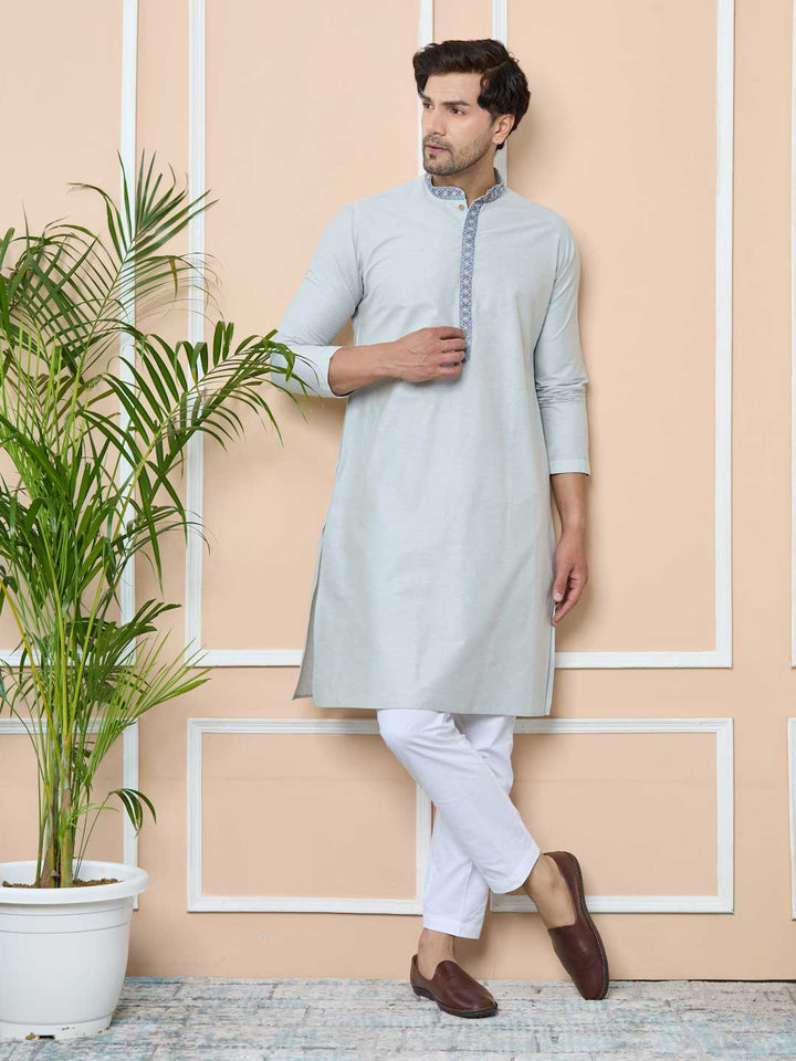 Gray Delux Cotton Straight Kurta with Embordered Neck