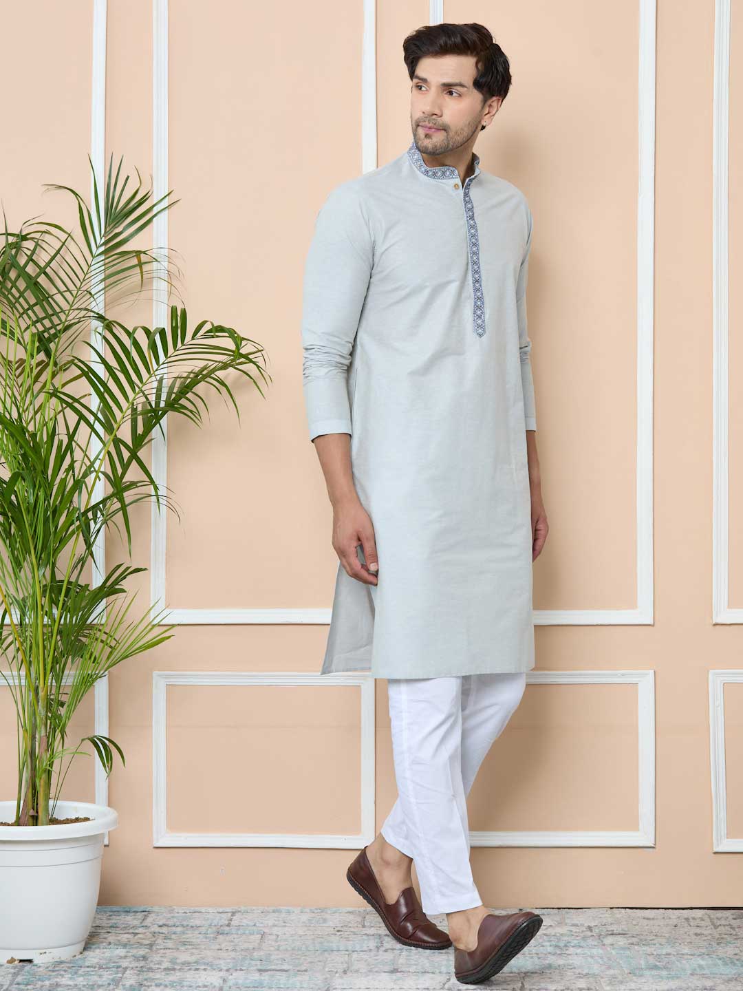 Gray Delux Cotton Straight Kurta with Embordered Neck