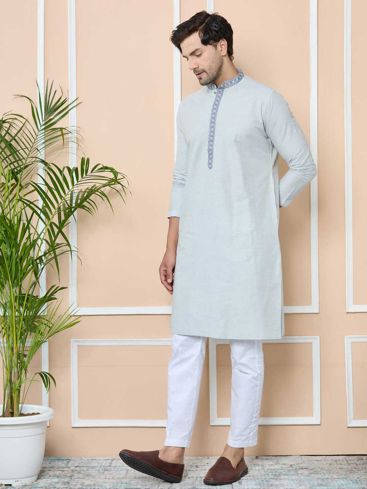 Gray Delux Cotton Straight Kurta with Embordered Neck