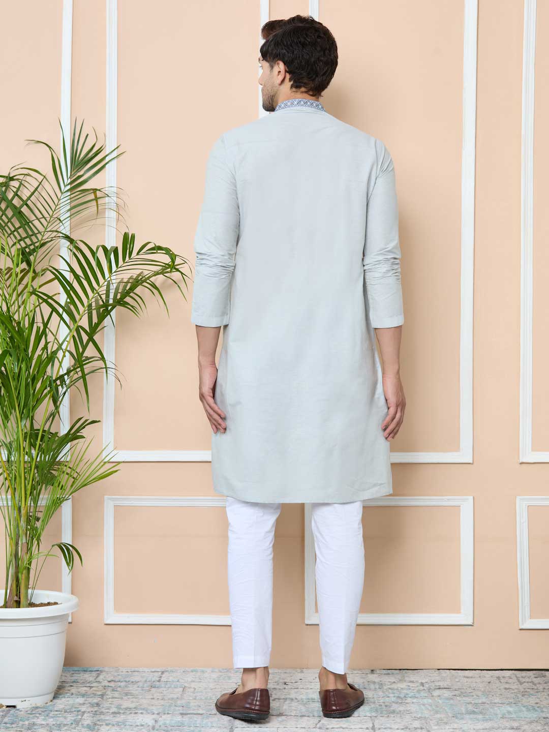 Gray Delux Cotton Straight Kurta with Embordered Neck