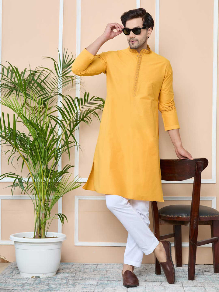 Mustard Delux Cotton Straight Kurta with Embordered Neck