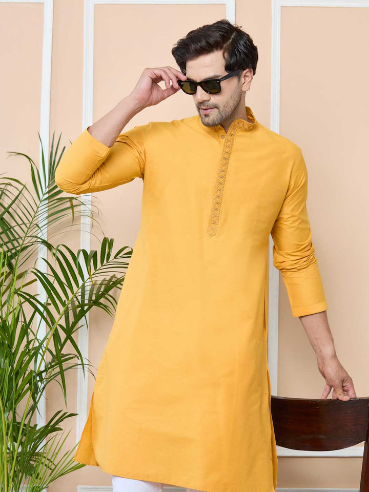 Mustard Delux Cotton Straight Kurta with Embordered Neck