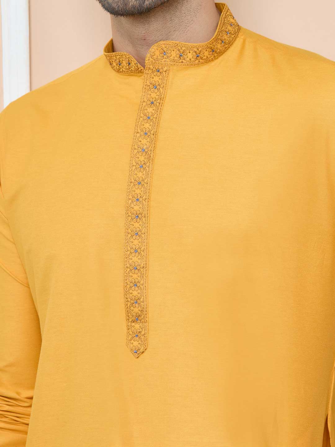 Mustard Delux Cotton Straight Kurta with Embordered Neck