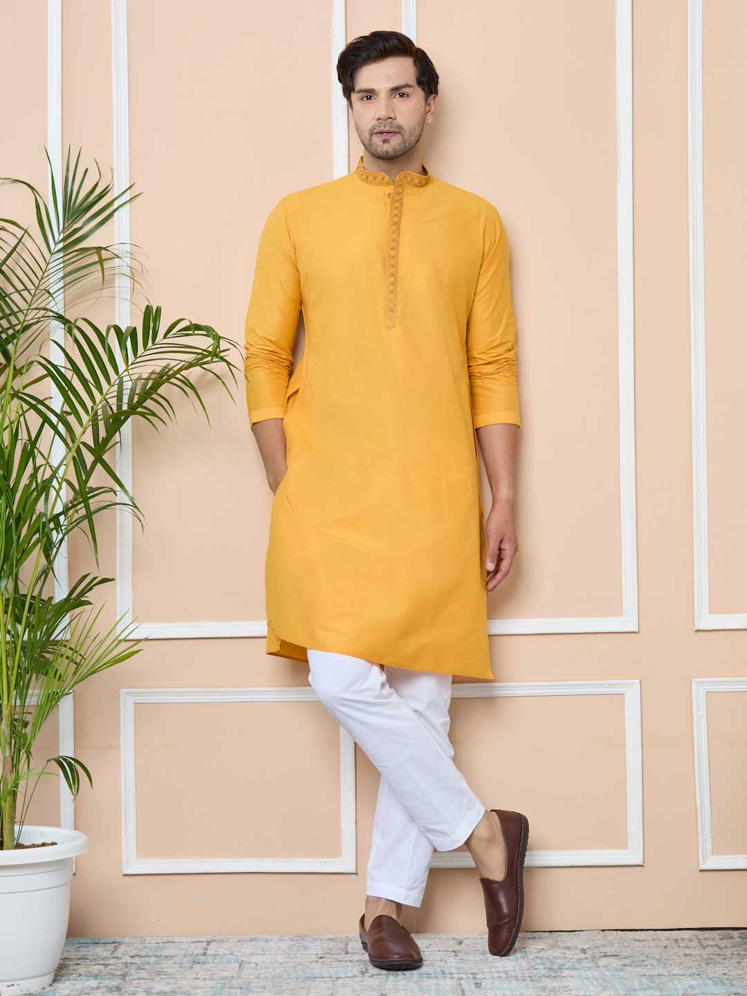 Mustard Delux Cotton Straight Kurta with Embordered Neck