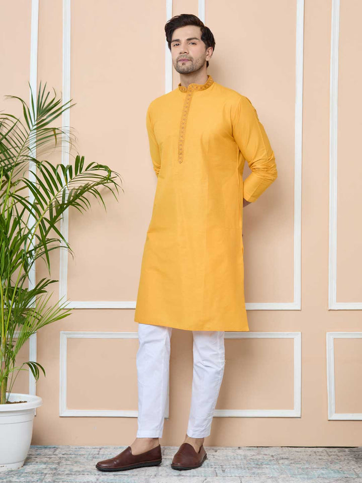 Mustard Delux Cotton Straight Kurta with Embordered Neck