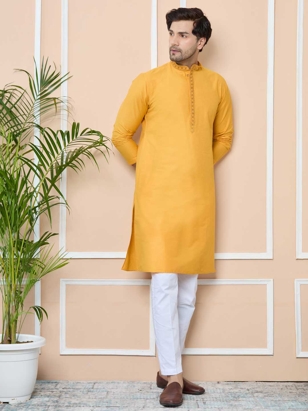 Mustard Delux Cotton Straight Kurta with Embordered Neck