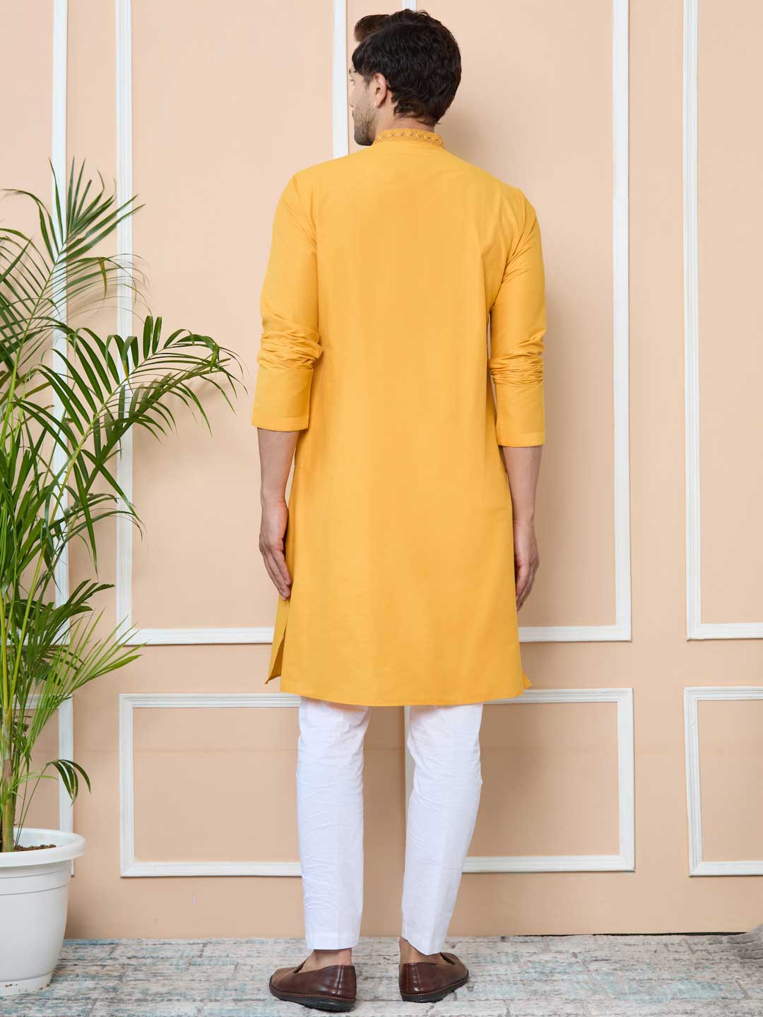 Mustard Delux Cotton Straight Kurta with Embordered Neck