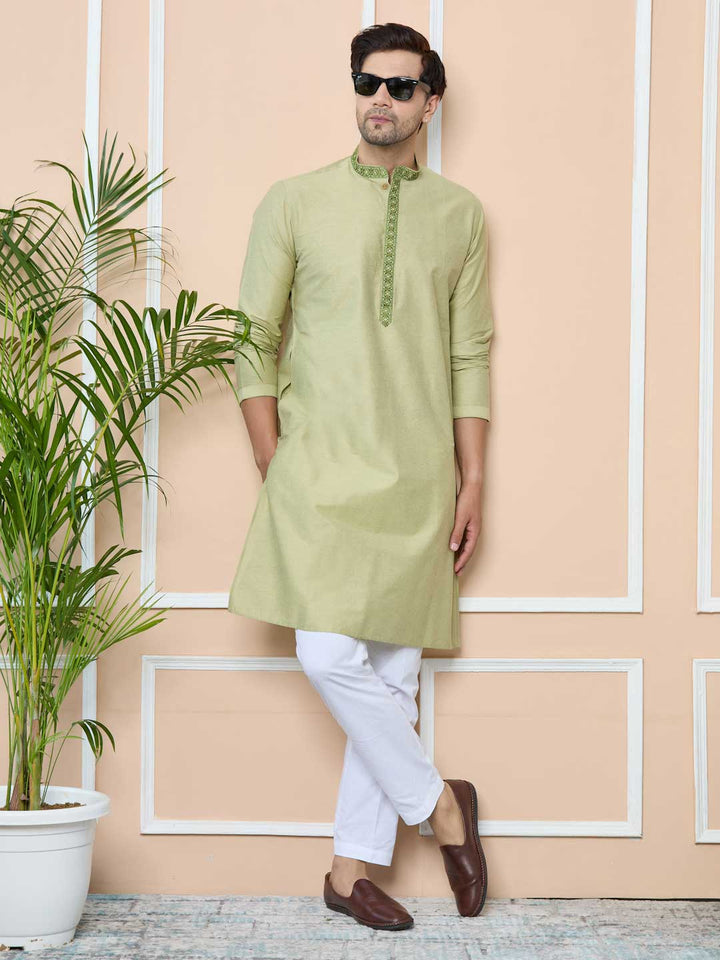 Lemon Green Delux Cotton Straight Kurta with Embordered Neck and Pyjama