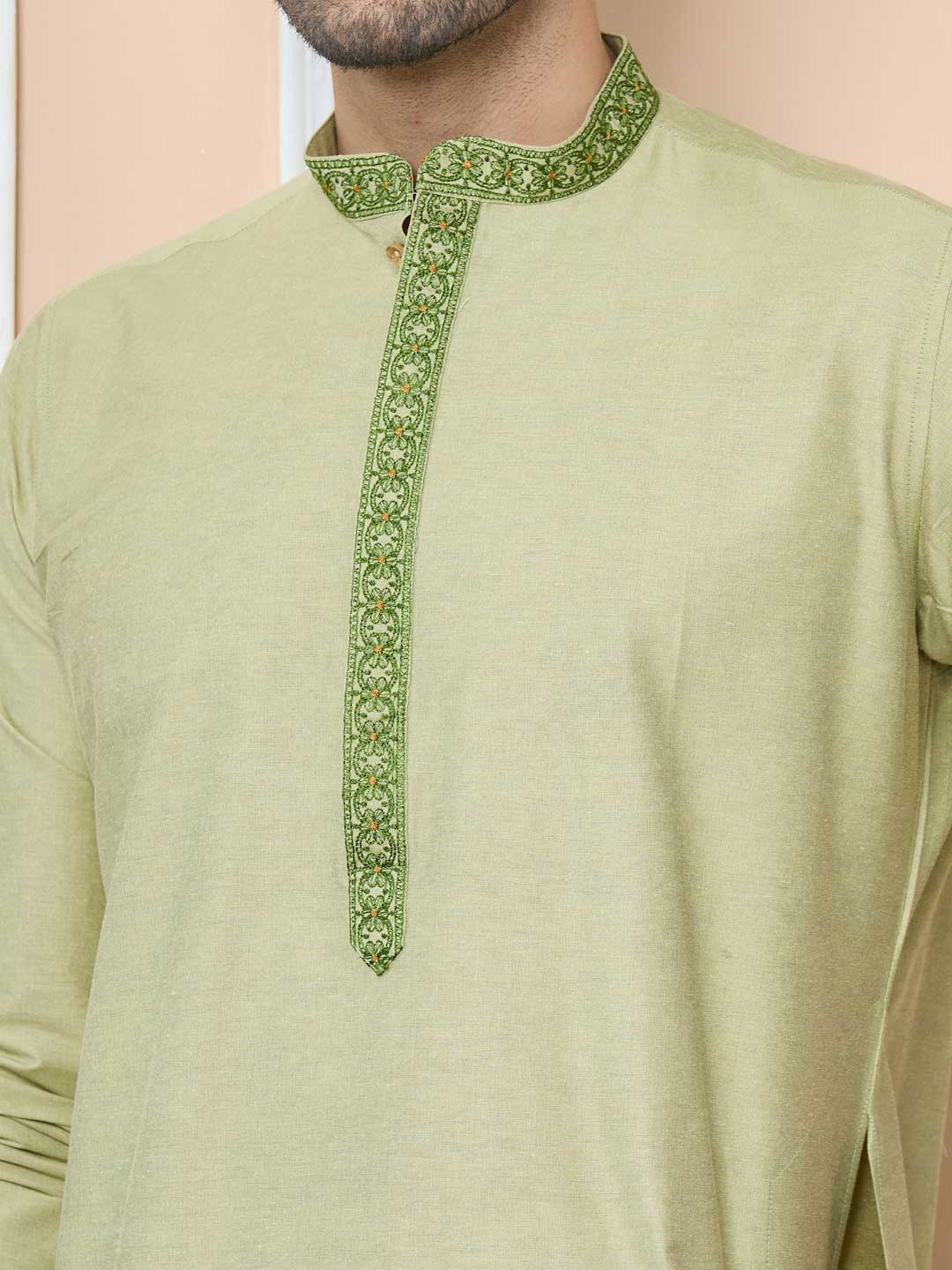 Lemon Green Delux Cotton Straight Kurta with Embordered Neck and Pyjama