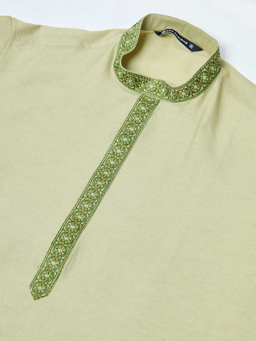 Lemon Green Delux Cotton Straight Kurta with Embordered Neck and Pyjama