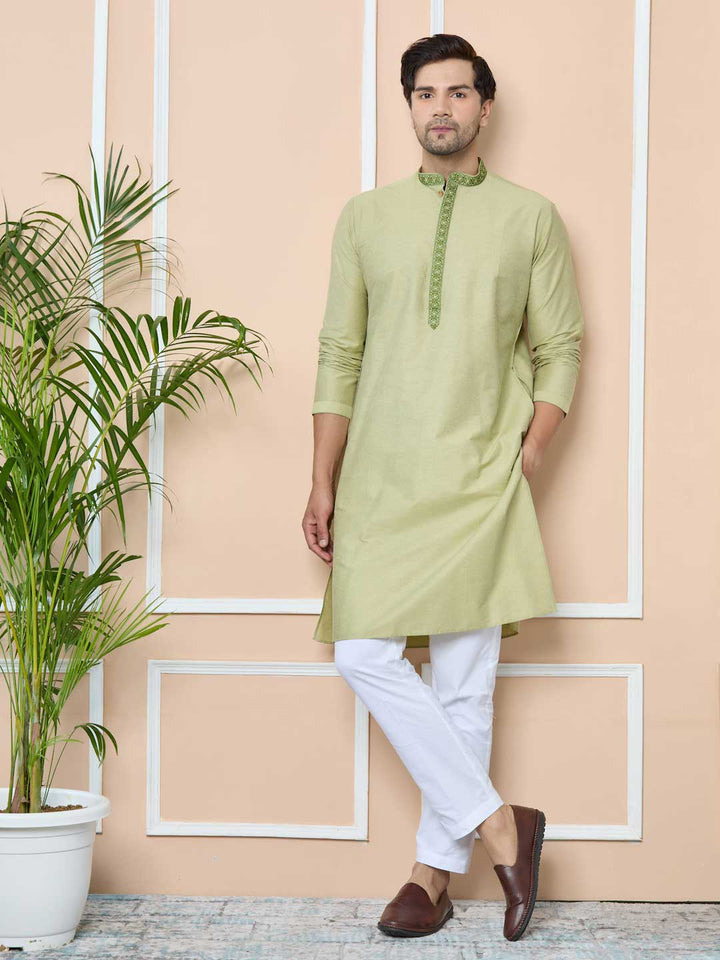 Lemon Green Delux Cotton Straight Kurta with Embordered Neck and Pyjama