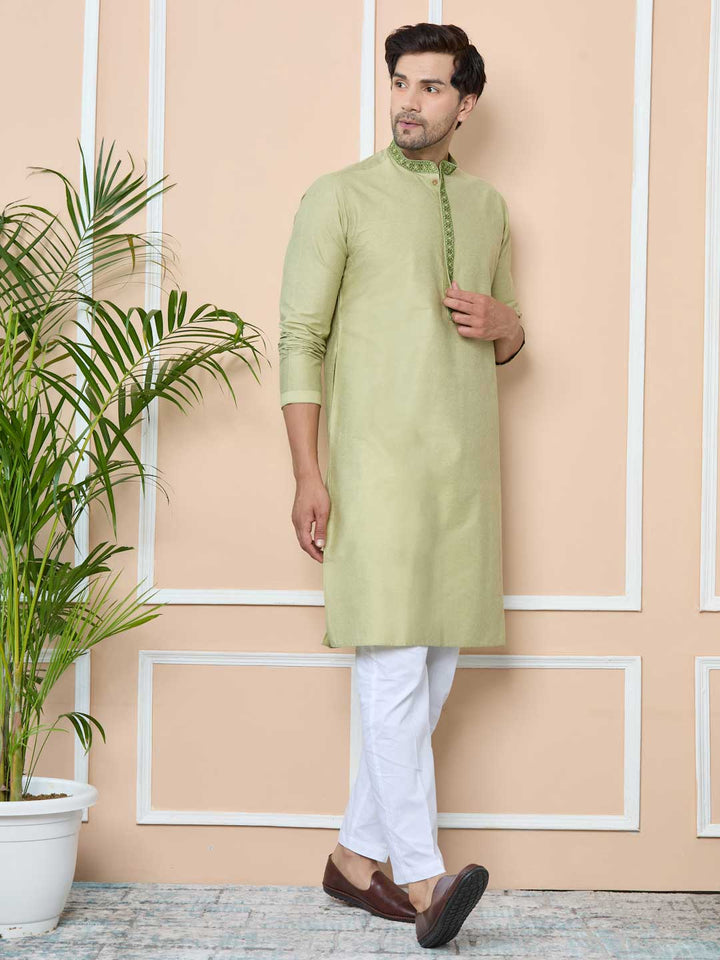 Lemon Green Delux Cotton Straight Kurta with Embordered Neck and Pyjama