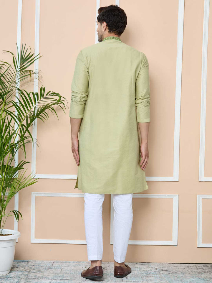 Lemon Green Delux Cotton Straight Kurta with Embordered Neck and Pyjama